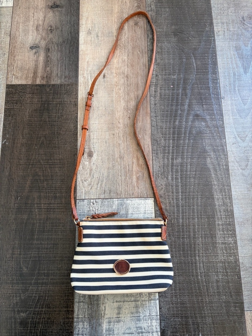 Dooney & Bourke Navy Stripe Nylon Crossbody Bag Leather Trim